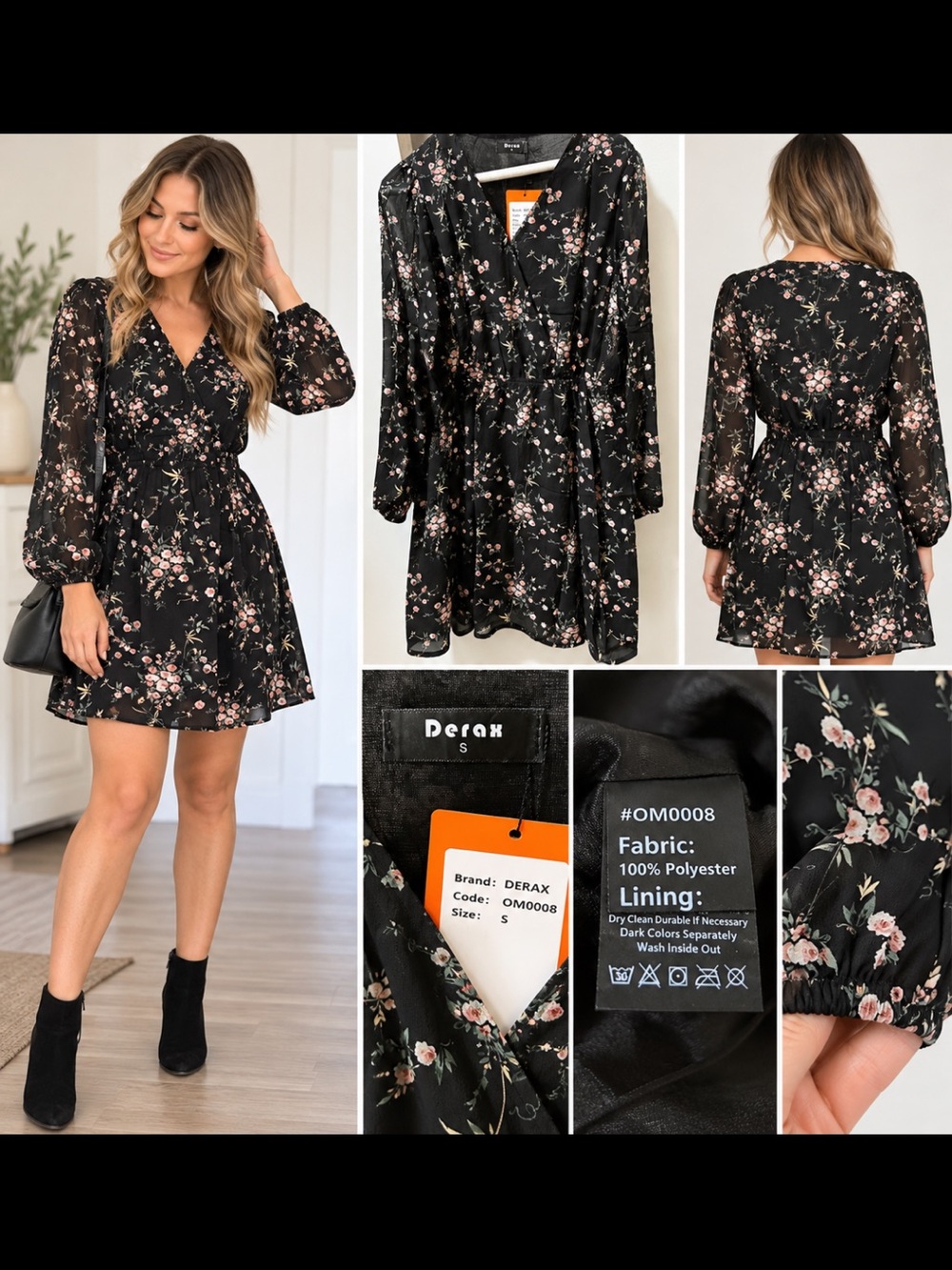 Derax Women’s Black Floral Mini Dress Size S Long Sleeve V Neck Boho NWT